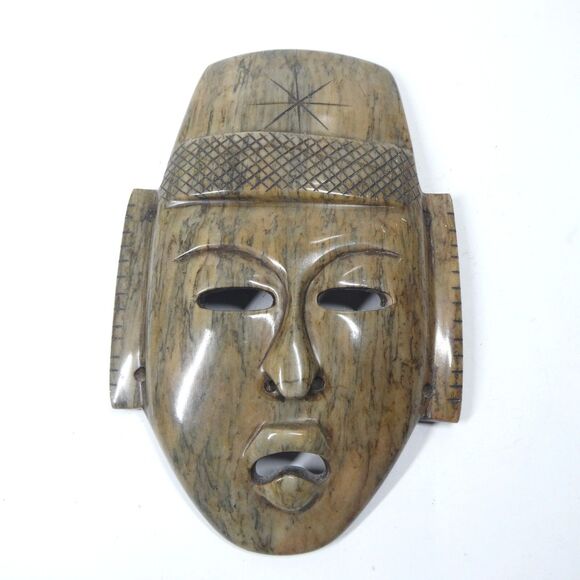 Carved Stone Mask Vintage Aztec Marble Onyx 9" Tall - Picture 1 of 9
